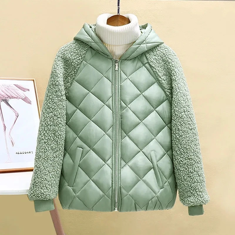 

Женская тонкая короткая куртка, свободная пуховая куртка из овечьей шерсти с капюшоном, Осень-зима 2023
