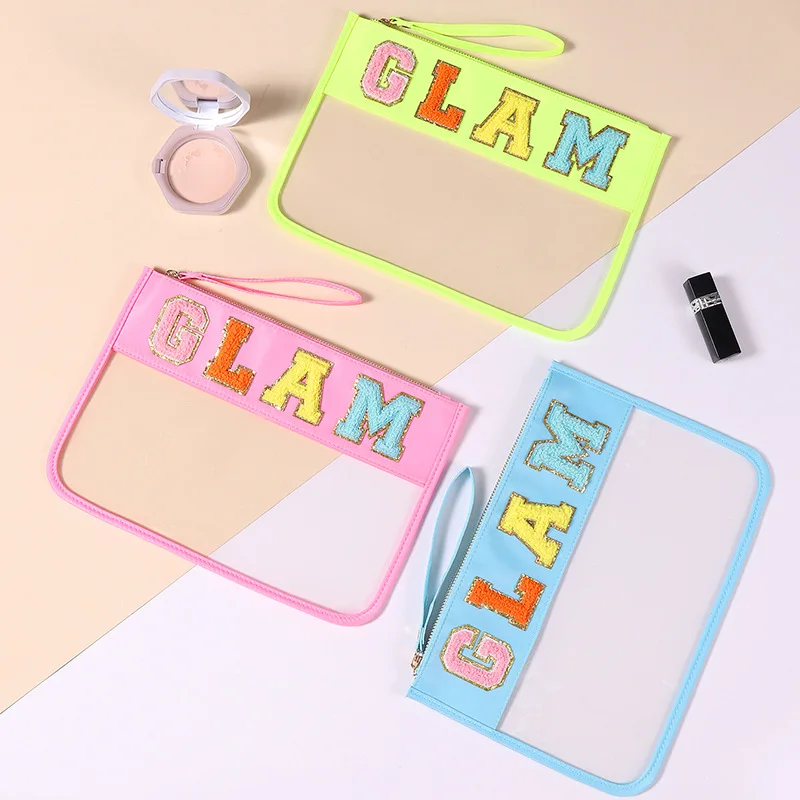 

Letter Patches Transparent PVC Cosmetic Bag Clutch Women Clear Travel Make up Cosmetic Bag Pouches Stuff Makeup Toiletry Bag