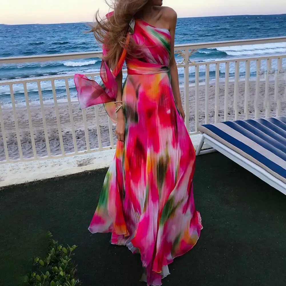

Stylish Lady Dress Flowy Large Hem Long Dress Sleeveless Off Shoulder Bow Pleated Beach Maxi Dress Thin
