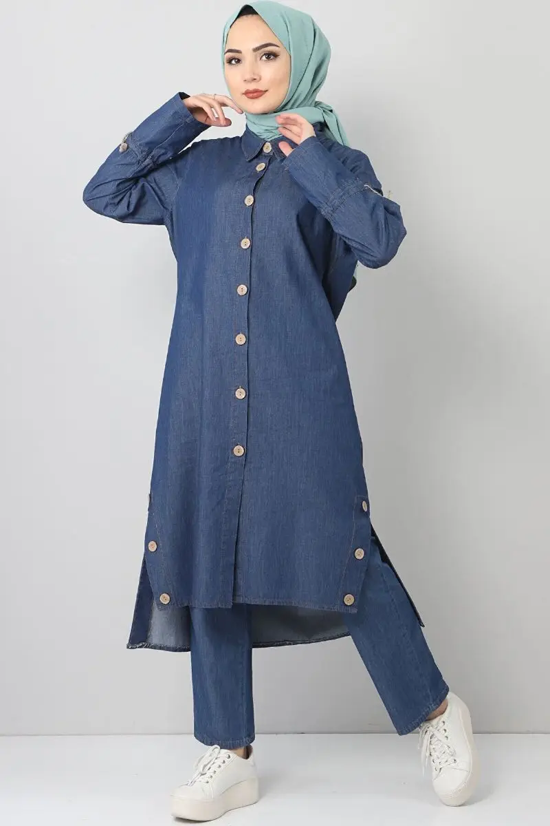 

Women's blue sleeves lace detailed jeans bottom-top suit hijab tunic pants Set