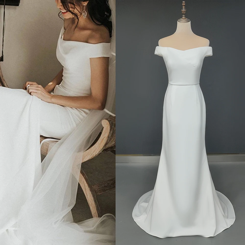 

Off Shoulder Sheath Crepe Wedding Dress Simple Elegant Custom Made Plus Size Sweep Train Minimal Ivory Stretchy Bridal Gowns