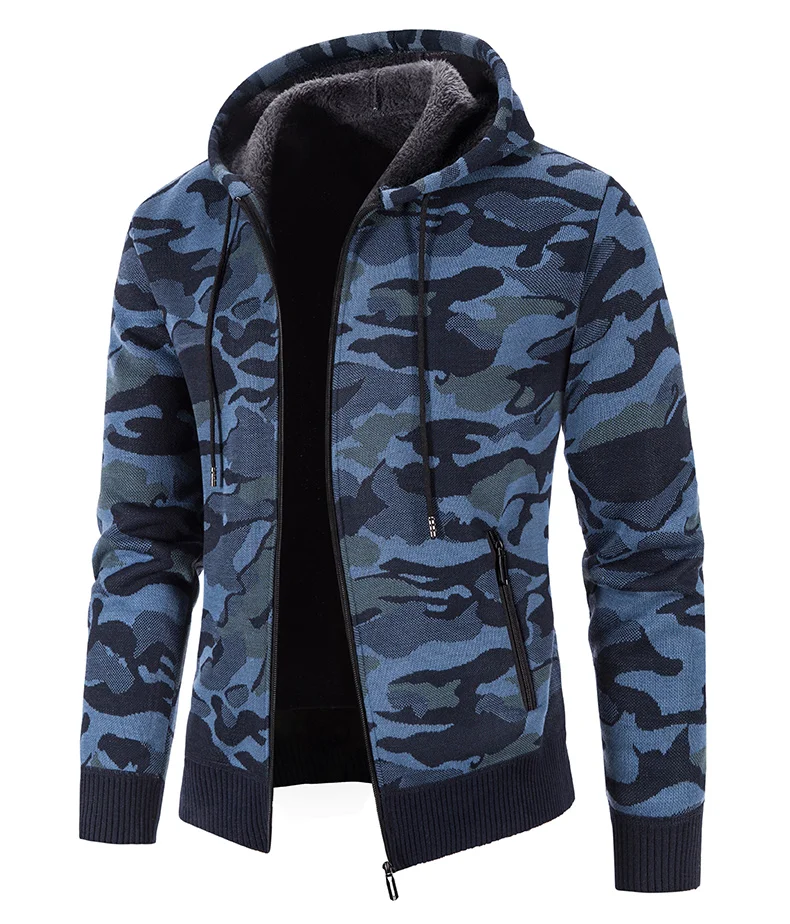 Men's Fashion Camouflage Sweater Knitted Fall Winter Fleece Thick Warm Wool Sweaters Coat Hoodie Pullover Zipper Cardigan Jacket