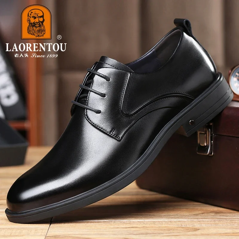 Мужские деловые туфли LAORENTOU черные повседневные из натуральной дышащей кожи с