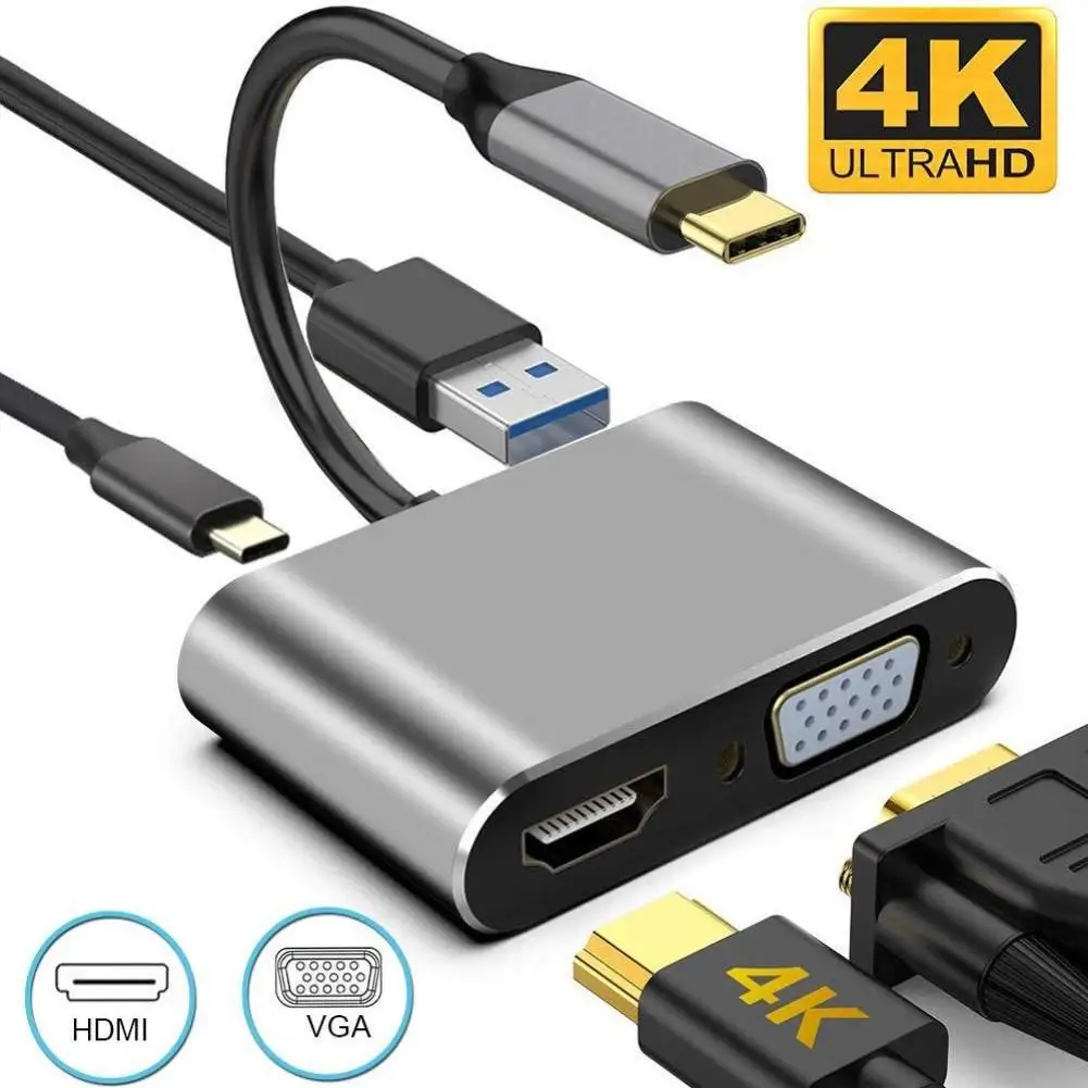 

Док-станция 4 в 1 USBC концентратор с портом Type-c на Hdmi + vga