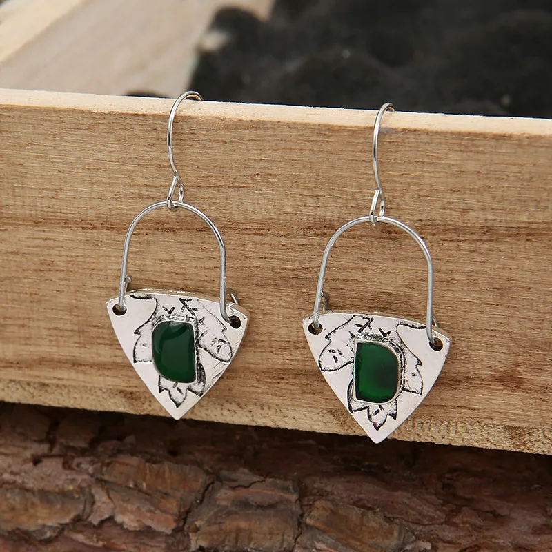 

Vintage Geometric Triangle Metal Dark Green Stone Earrings New Vintage Jewelry Openwork Half Circle Geometric Drop Earrings