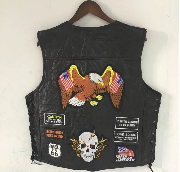

High Quality Vest Mens Black Leather Motorcycle w/ 23 Patches US Flag Eagle Biker Skull Laces Size S-4XL