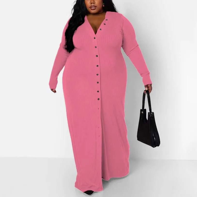 4XL 5XL Plus Size Dresses for Women Single Breasted V Neck Full Sleeve Bodycon Floor Length Elegant Large Party Birthday Dress