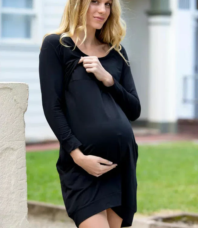 

New Round Neck Long Sleeve Solid Color Maternity Dress GRAY22