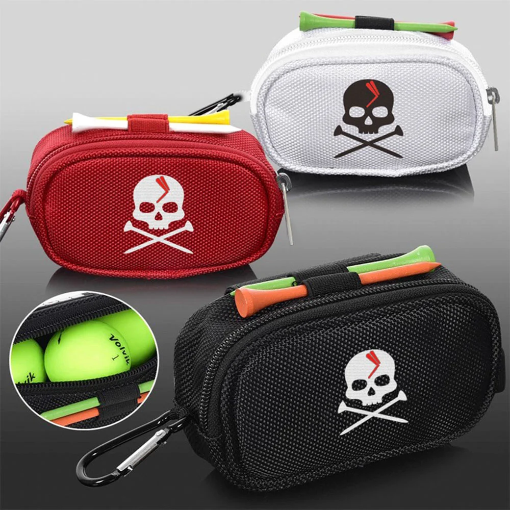 

1 Pcs Mini Golf Ball Bag Storage Pouch Handbag Carabiner Hold 3 Balls Tees Markers Divot Tool Skull Design White Black Red
