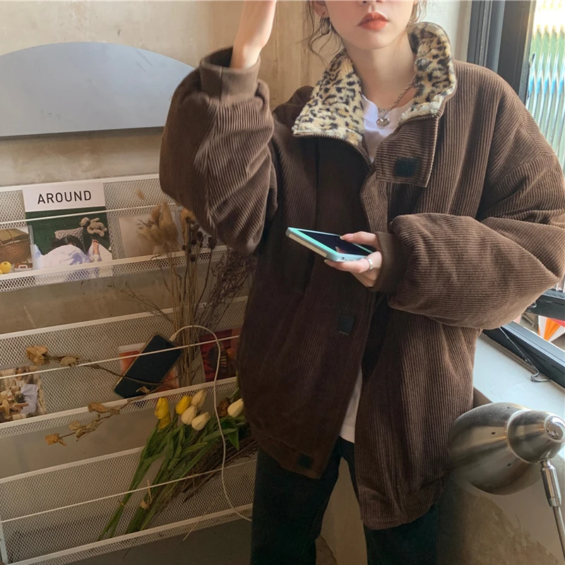 Cool Girl 2021 New Winter Leopard Patchwork Women Coat Corduroy Warm Loose Casual Jacket Female Outwear Elegant Tops Streetwear