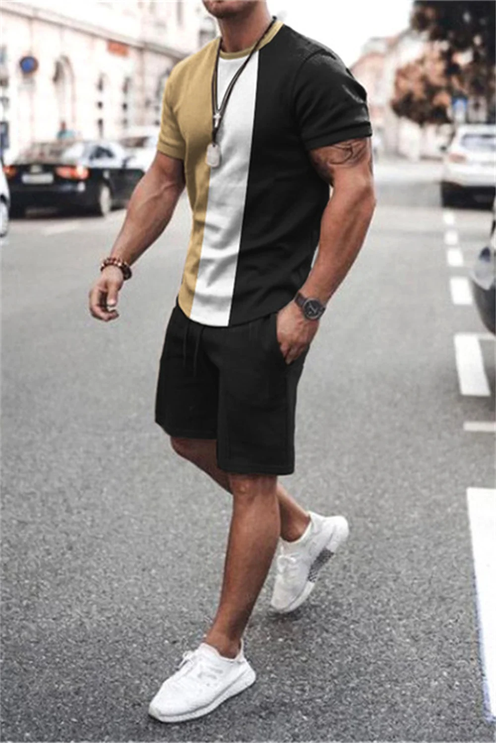 Summer Two-piece Fashion Casual Short-sleeved T-shirt Short Suit Men's Hipster Streetwear Retro Print Breathable 2-piece Set