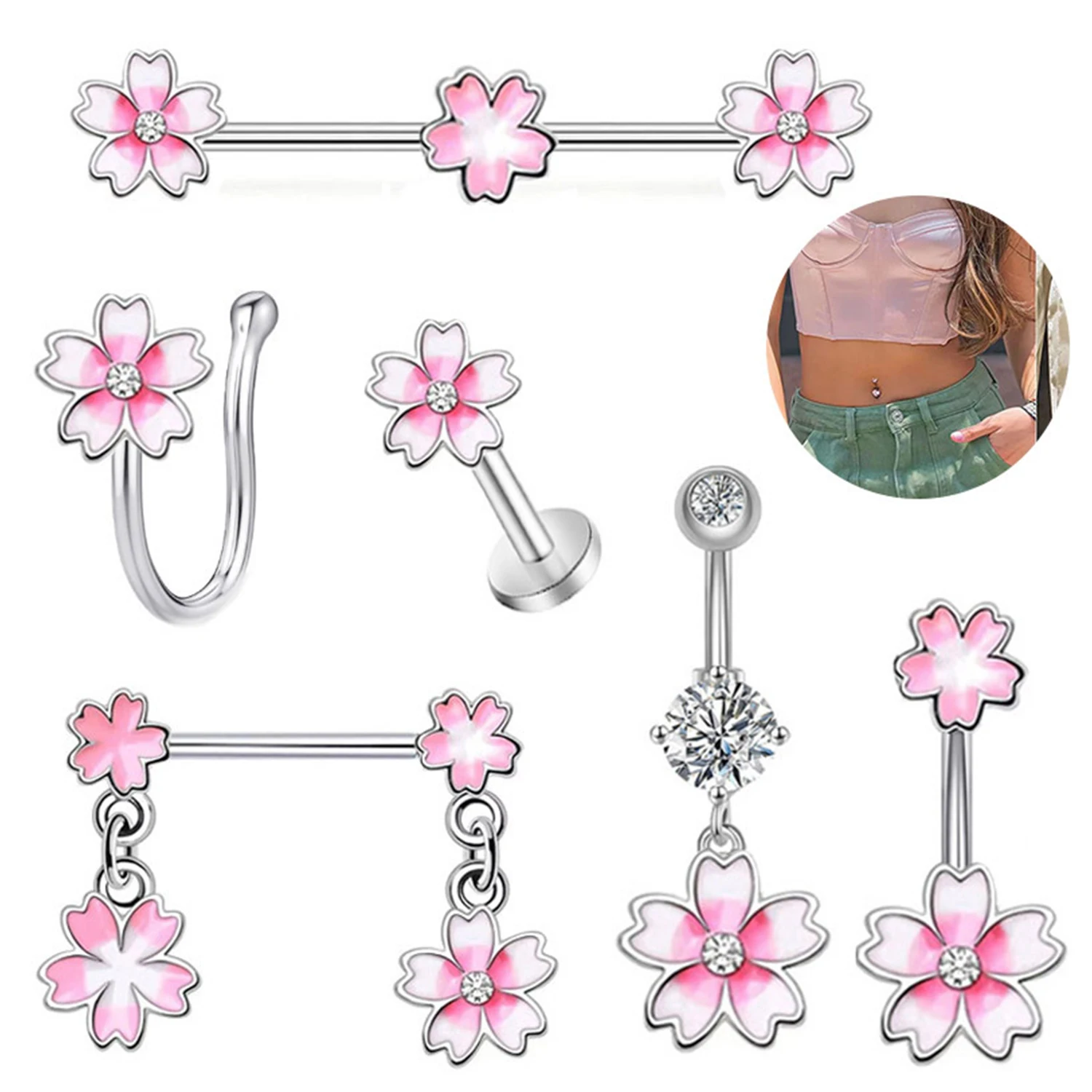 

1PC Pink Flower Belly Button Rings For Women Nipple Ring Zircon Drop Dangle Body Jewelry Piercing Beach Belly Nose Rings Earring