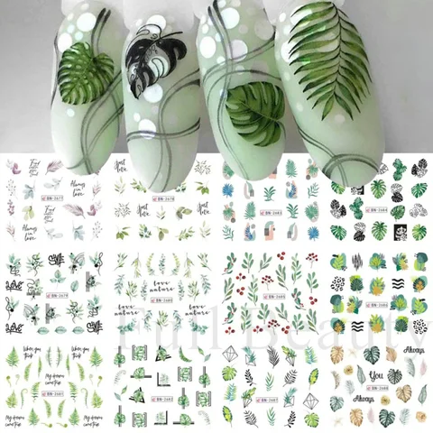 12 шт. наклейки для ногтей с зелеными пальмами и листами, летние наклейки с тропическими растениями, слайдер для украшения ногтей