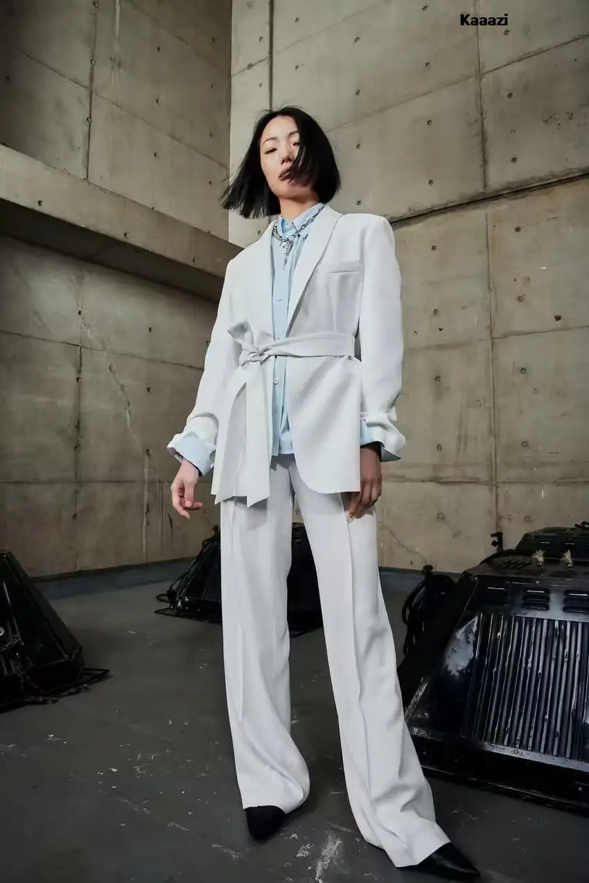 

KAAAZI Office Lady White Blazer Suits Women Long Sleeve V Neck Sashes Blazer+High Waist Wide Leg Long Pants Fashion 2023 Sets