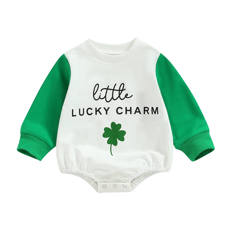 

St. Patrick's Day Baby Boy Girl Romper 0-18M Infant Long Sleeve Crew Neck Letters Four-leaf Clover Print Fall Bodysuit Dailywear