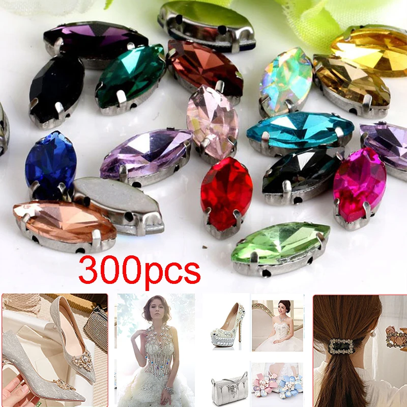 

4/5/6mm 300PC Bulk Leaf Shape Glass Rhinestones Flatback With Claw Sew on Crystal Stone Strass Diamond Metal Base for Needlework