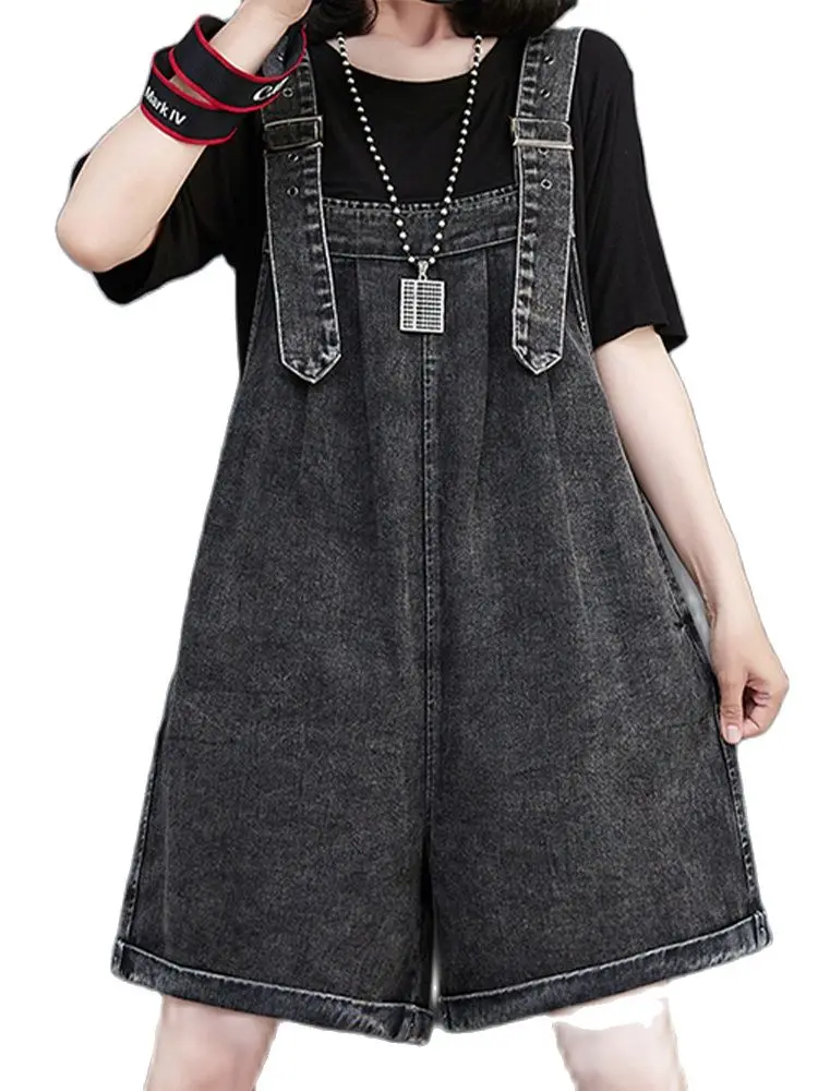 

M-2Xl Casual Denim Overalls Shorts Loose High Waist Wide Leg Five-Point Pants 2022 Summer New Fashion Women'S Clothing