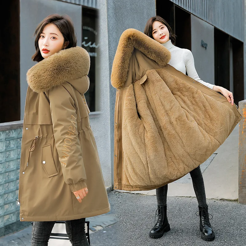 Parka Coat Women 2022 Winter New Loose Cotton Clothes Waist Hooded Thick Cotton Jacket