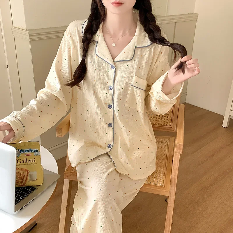 Новые милые женские пижамы в горошек с длинными рукавами весенне-осенний