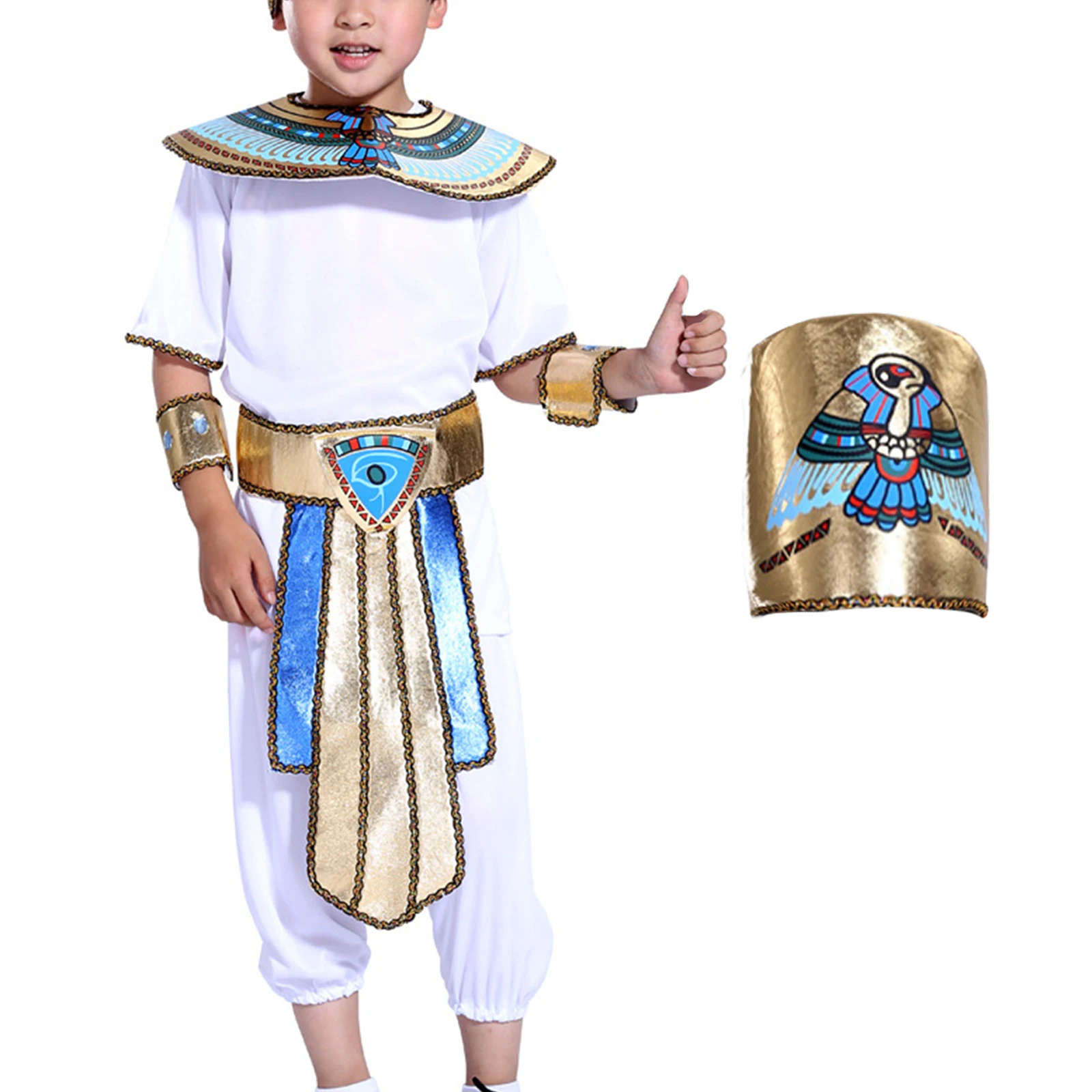 Halloween Cosplay Costume Set Kid Boys Egyptian Prince Outfit Short Sleeve Top with Pants Headwear Neck Collar Armbands Belt Set