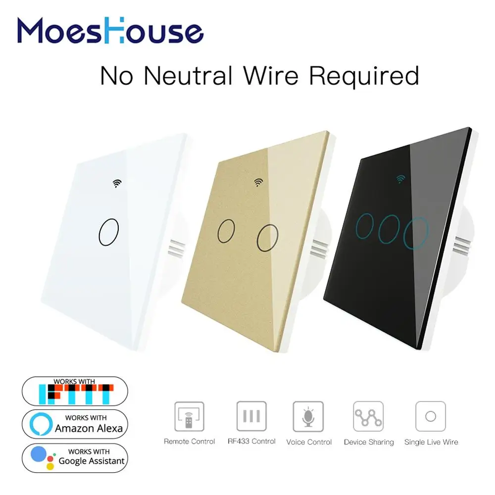 

No Neutral Wire Needed WiFi RF433 Smart Wall Switch Smart Life Tuya Remote Control Single Fire Work with Alexa