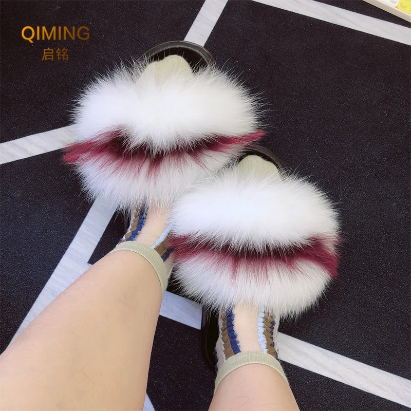 Summer Real Fur Slippers Women Fur Slides Woman Flip Flops Sandals Ladies Cute Fuzzy Fluffy Plush Fox Furry Slippers House Shoes