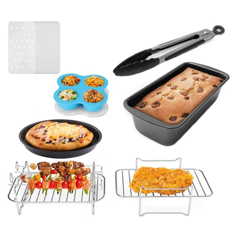 

Air Fryer Accessories Dual Basket, With Cake Pan, Pizza Pan, Multi-Layer Rack, Skewer Rack, Tongs For Ninja DZ201/DZ401