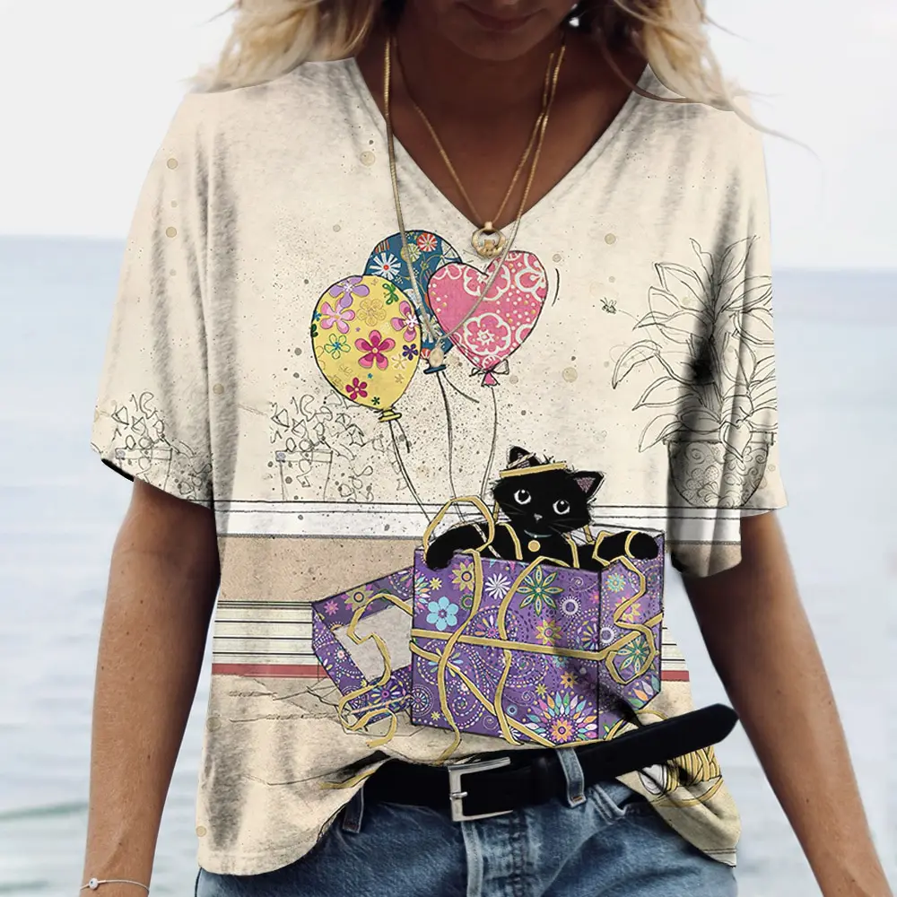 

Женский пуловер с коротким рукавом, V-образным вырезом и принтом в виде котят