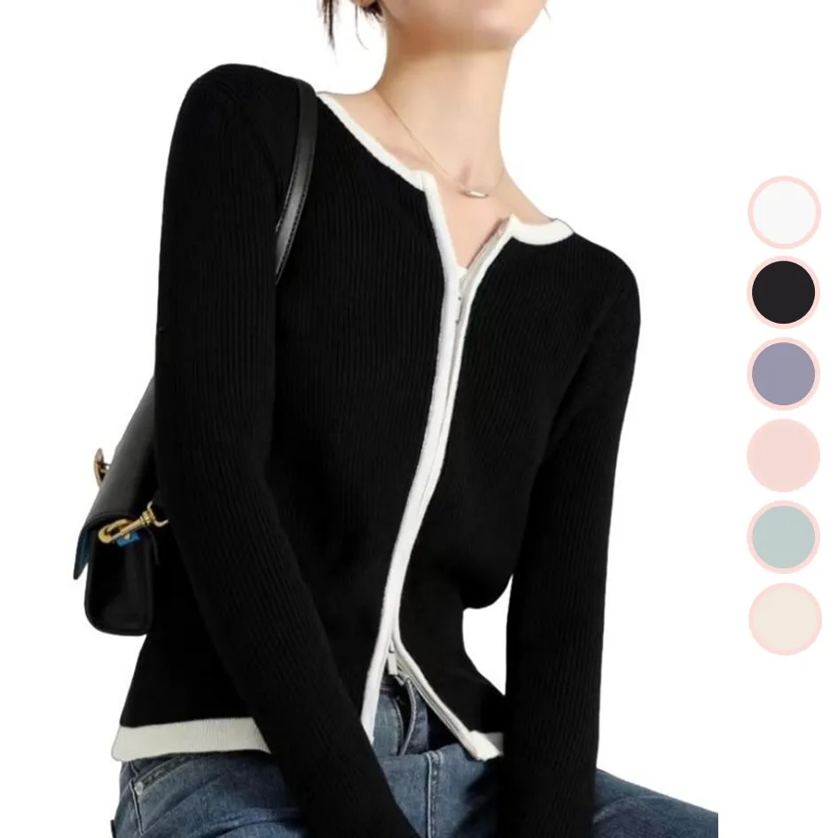 

cardigan women all season double zipper with slim look Korean Fashion Style Knitted V Neck Solid For Women Casual Office Lady L