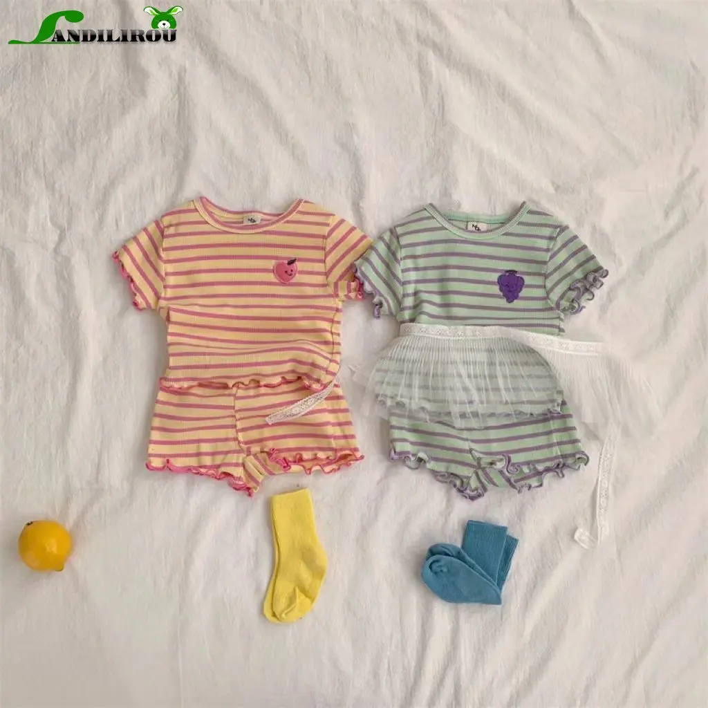 

2pcs 아동복 Kids Baby Girls Short Sleeve Stripe Patch Fruit Stringy Selvedge Top T-shirt+shorts Infant Toddler Cotton Clothing Set