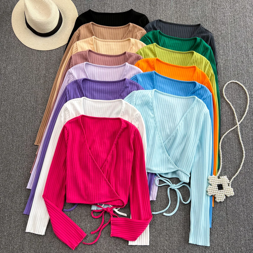 

Шикарная пикантная футболка в рубчик с перекрестным V-образным вырезом, облегающая футболка, женские весенне-Осенние футболки с длинным рук...