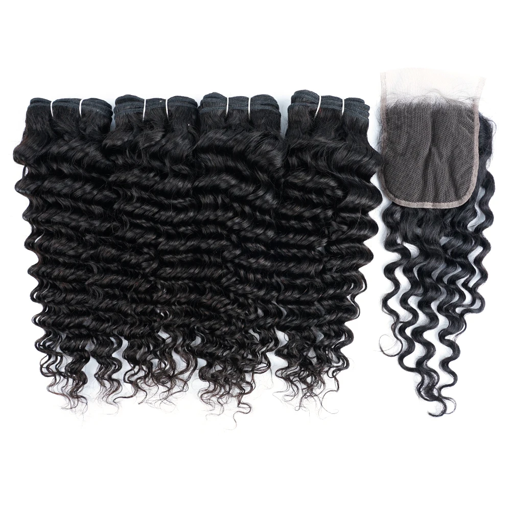 Gemlong 4 Bundles With 4*4 Lace Closure For Full Head Deep Wave Remy Indian Human Hair Extension 4x4 Swiss Lace Closures