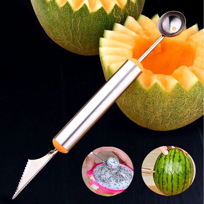 2 in 1 Dual-head Fruit Ball Carving Knife Kiwi Waterlemon Scoop Melon Digger Jar Mashed Potato Baller Ice Cream Spoon