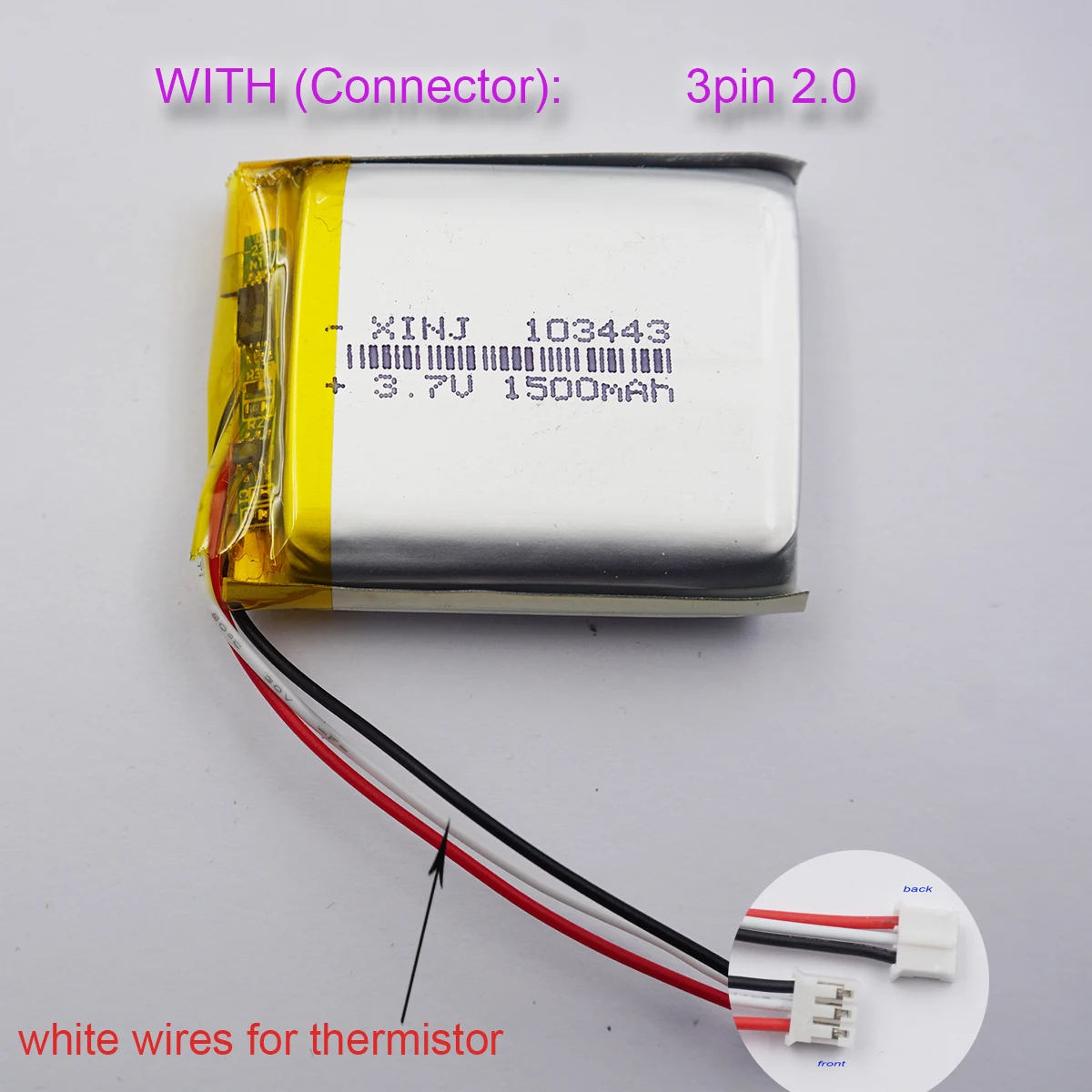 

XINJ 3.7V 1500 mAh 3 Wires Thermistor Lithium Polymer Li Battery Lipo 103443 3Pin 2.0 For Drift Camera DashCam GPS LED Tablet PC