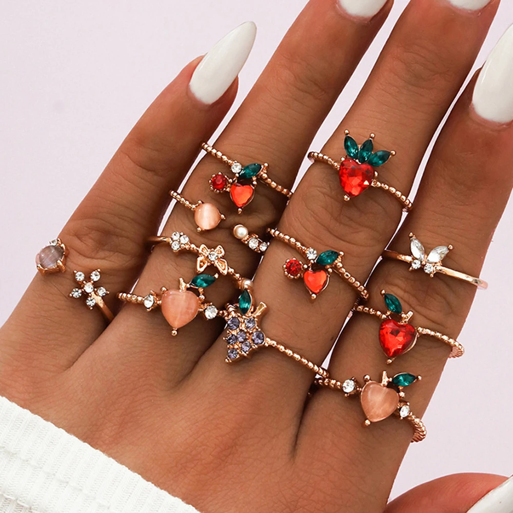 

11Pcs/Set Cute Cartoon Sweet Fruit Butterfly Personality Fun Ring Shape Set Mixed Finger Jewelry Creative Accessories Girl Gft