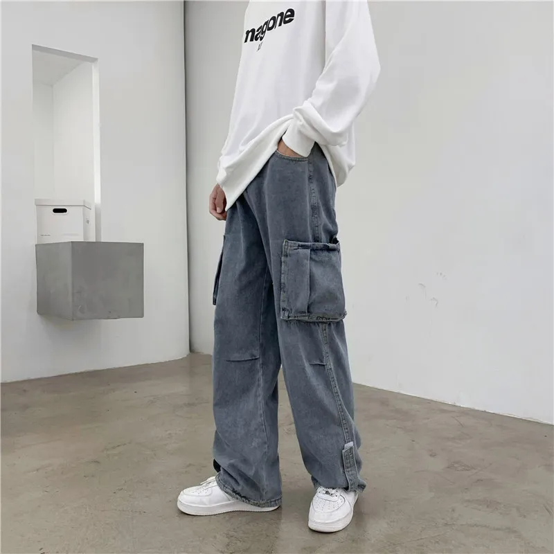 DEEPTOWN Vintage Cargo Jeans Men Baggy Pocket Trousers Male Streetwear Straight Denim Pants Blue Hip Hop Loose Casual Spring