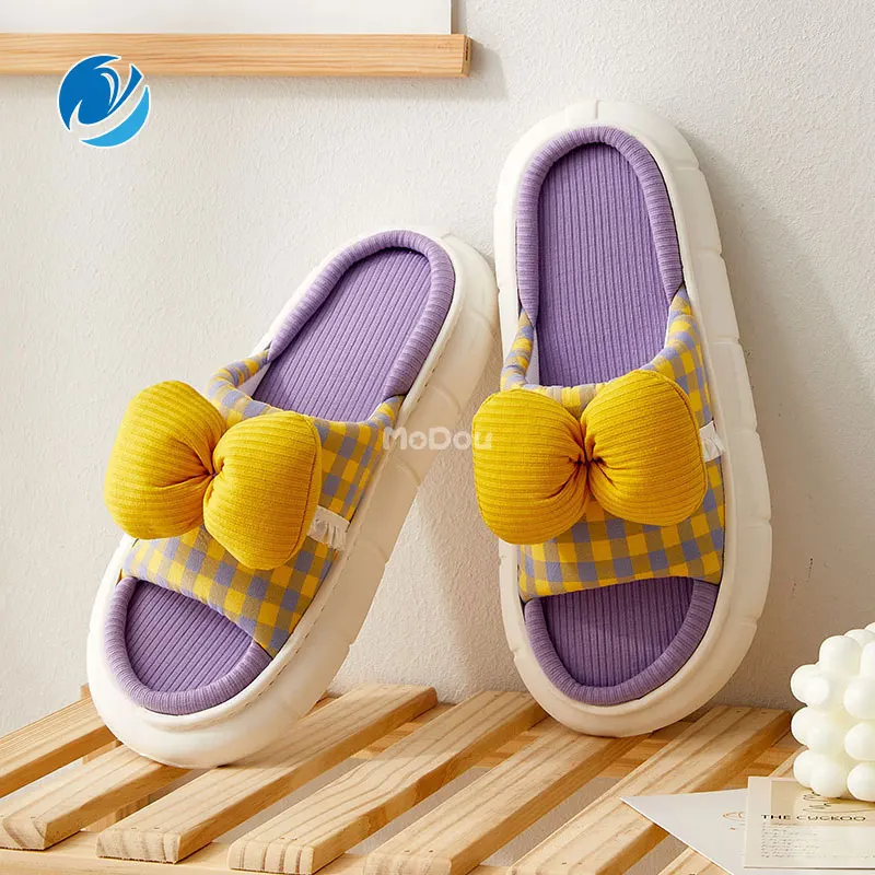 

Mo Dou Spring Summer Cotton Floor Women Slippers Lattice Bow EVA Soft Sole All Season Hemp Slides Men Home Open Toe Flip Flops