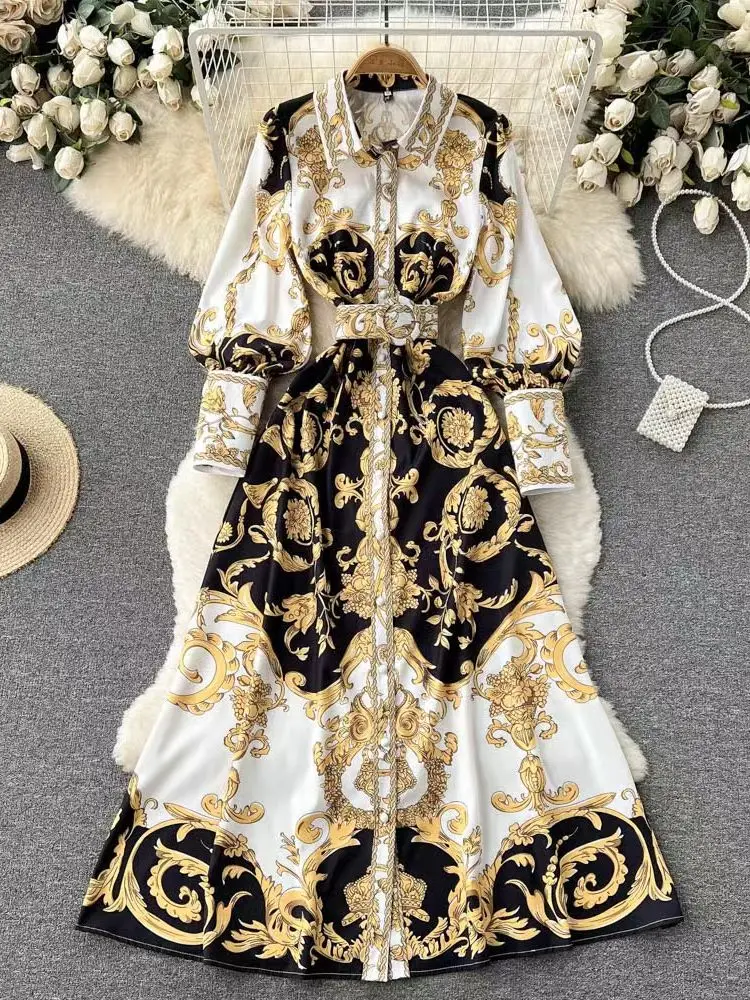 

Runway Autumn Vintage Red Maxi Dress Woman Elegant Rose Floral Print Shirt Collar Long Sleeve A Line Belt Evening Dresses M6890