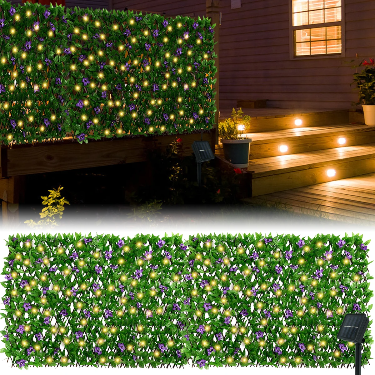 

180CM Retractable Fence Artificial Plant Flowers Wood Hedge With Solar Light Privacy Fence Hedge Screen Backyard Balcony Decor