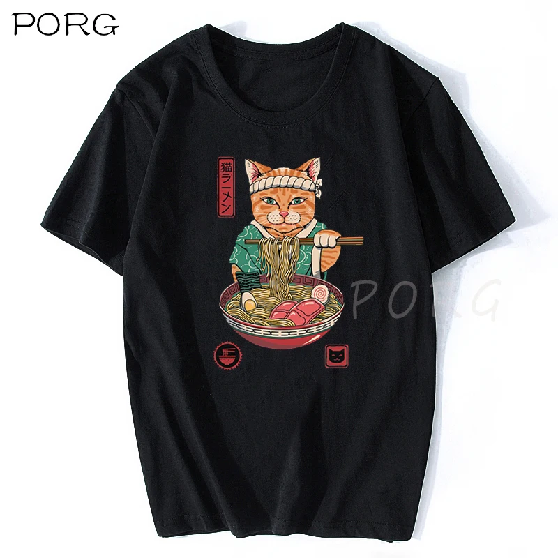 Camiseta de Neko Ramen de anime para hombre, camisa con diseño de gato japonés, clásica, de algodón, alta calidad, ropa de calle estilo Harajuku