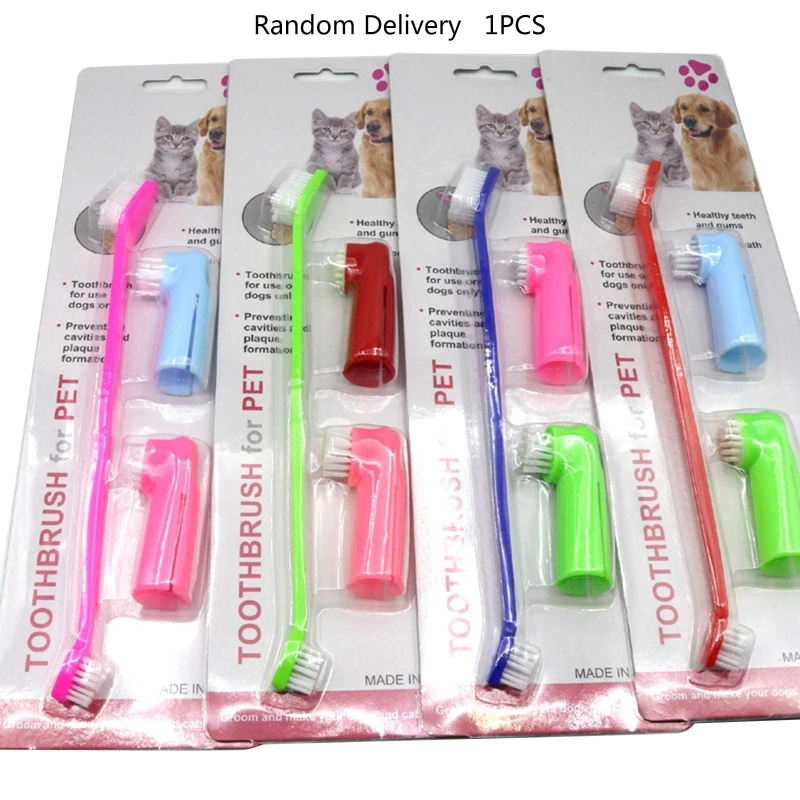 

Dogs Toothbrush Set Dual Heads Dog Toothbrushes with 2 Pet Finger Toothbrush Long Handle for Small Medium Pets