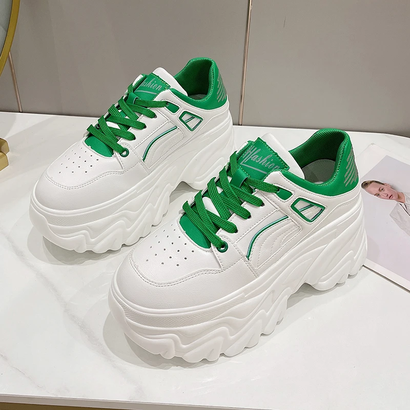 

New Women Spring Leather Sneakers High Platform Sport White Shoes Tennis 8CM Wedge Heels Chunky Dad Shoes Woman Chaussures Femme