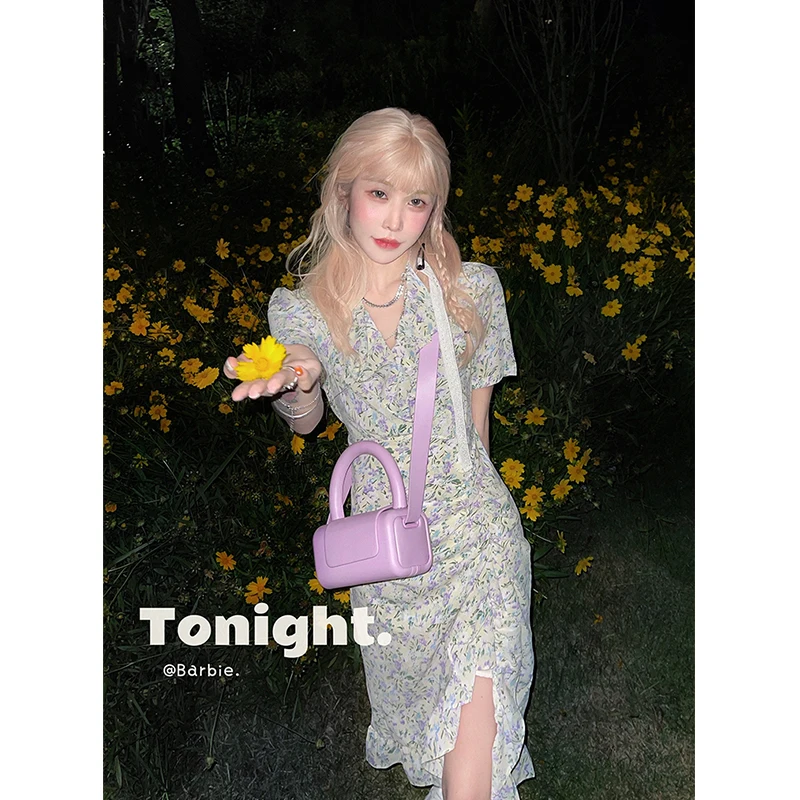 

Women Green Broken Flowers Dress V Neck Folds Irregular Short Sleeve Casual French Fashion High Waist Short Skirt Ladies Summer
