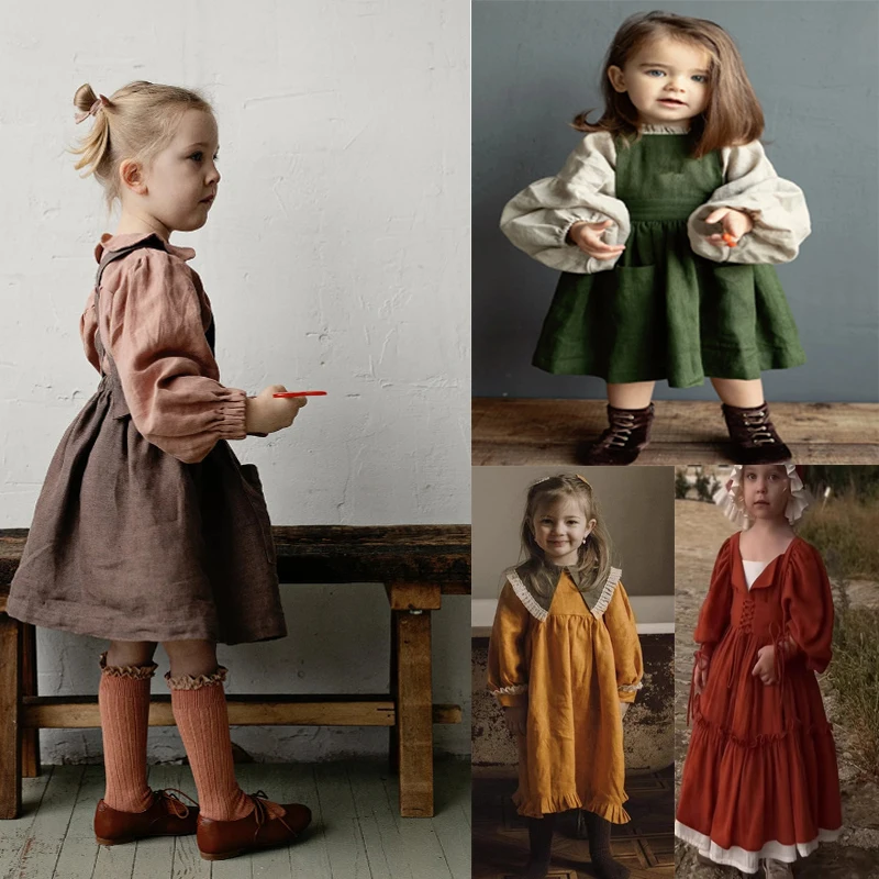 2024 A/W фартук для девочек с подтяжками платье из хлопка и льна оборками длинными