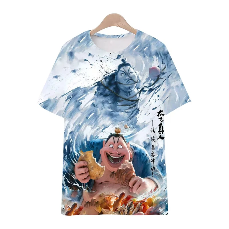 Фото 3D Print Anime Ne Zha T Shirt Men Women Summer Crewneck Short Sleeve Tops 2025 New Trendy Nezha Graphic Boys Girls Kids T-shirt №3
