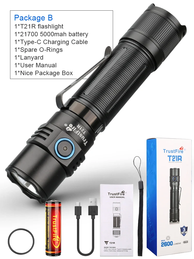 

Тактический Светодиодный Фонарик Trustfire T21R 2600LM Type C USB Перезаряжаемый 21700 Высокоинтенсивное Наружное Освещение E...