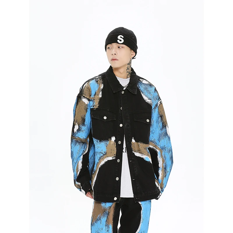 

Hip Hop Mens Black Splash Ink Painting Denim Jackets Coats Urban Streetwear Oversize Graffiti Jean Jacket Unisex Casual Clothing