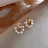 geometric imitation pearl stud earrings irregular flower bowknot gold color earrings wedding jewelry gift