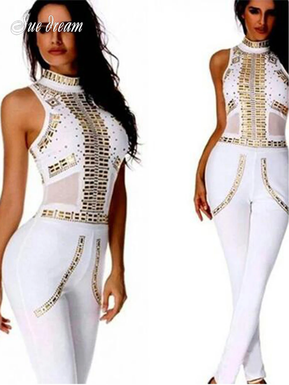 High Quality Women's Bandage Jumpsuit 2021 New Sexy High Neck Diamond Patchwork Bodycon Fashion Club Party Jumpsuit