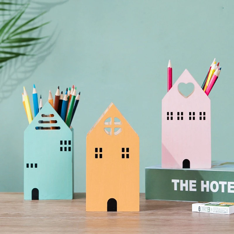

Cute House Shape Desk Organizer Storage Box Wooden Pen Holder School Office Stationery Pen Organizer Desk Supplies Pencil Cup